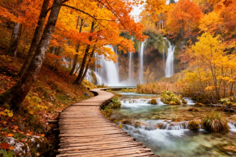 秋林瀑布栈道图片