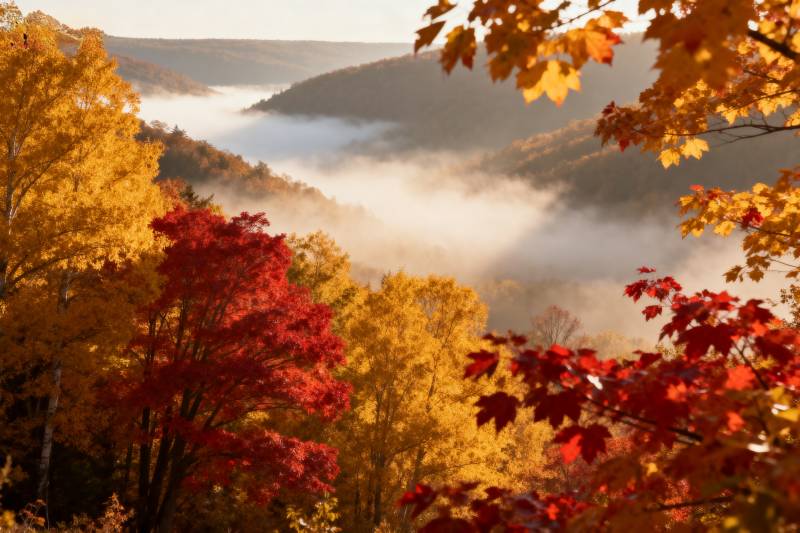 秋山雾海红叶图片