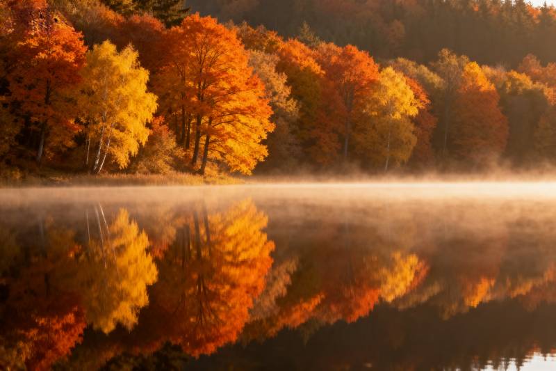 秋湖晨雾映彩林图片