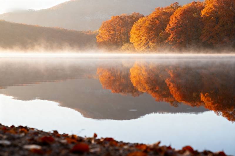 秋湖晨雾映彩林图片