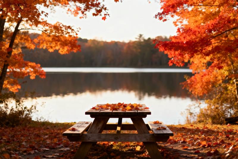 秋湖静谧 落叶满桌图片