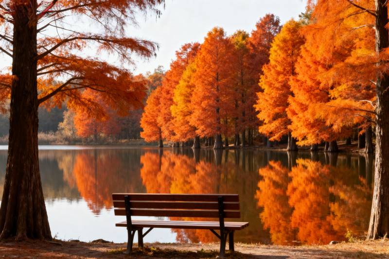 秋湖静景 椅畔树影图片