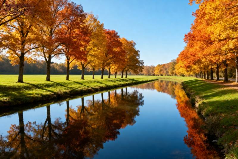 秋日湖畔树影图片