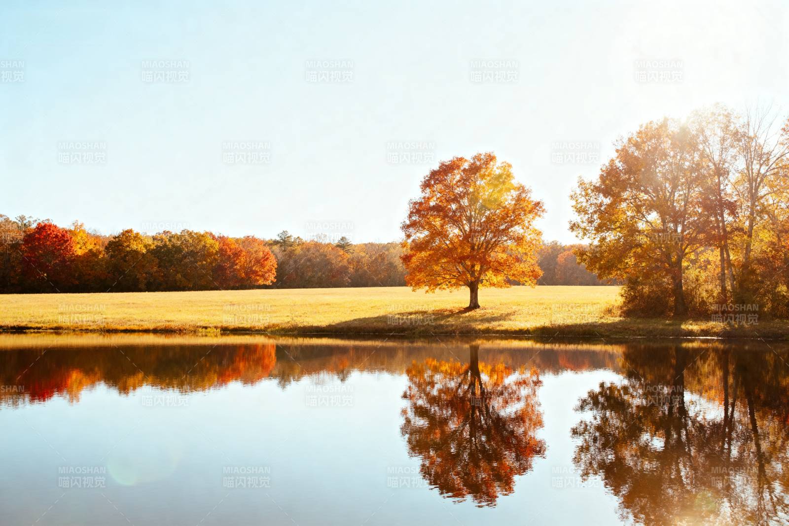 秋湖倒影图片