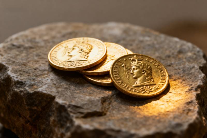 金币静置石上图片