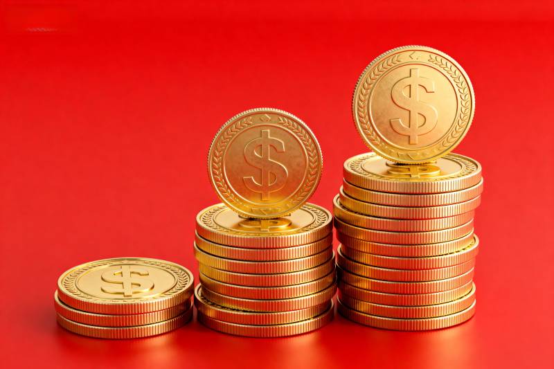 金币堆叠红底图片