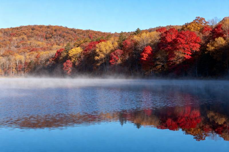 秋湖晨雾映彩林图片