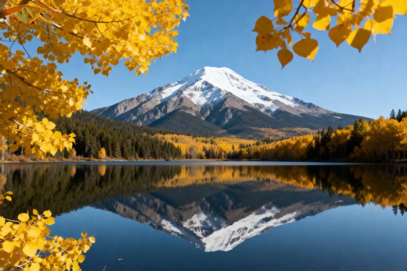 秋湖映雪山图片