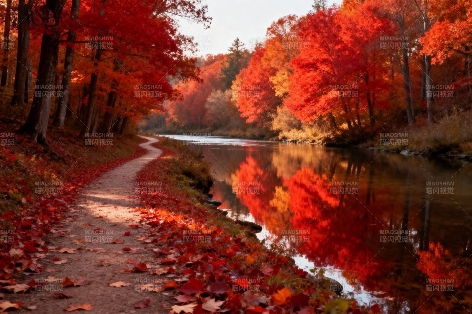 秋林映水红叶路图片