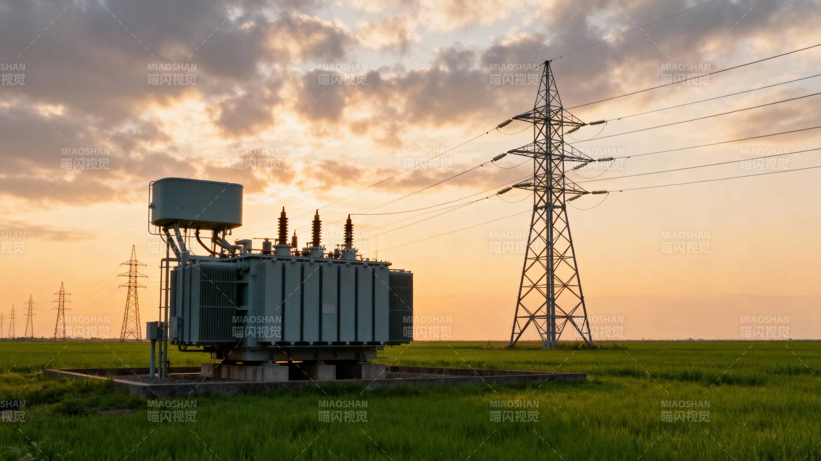 电力变压器与输电塔图片