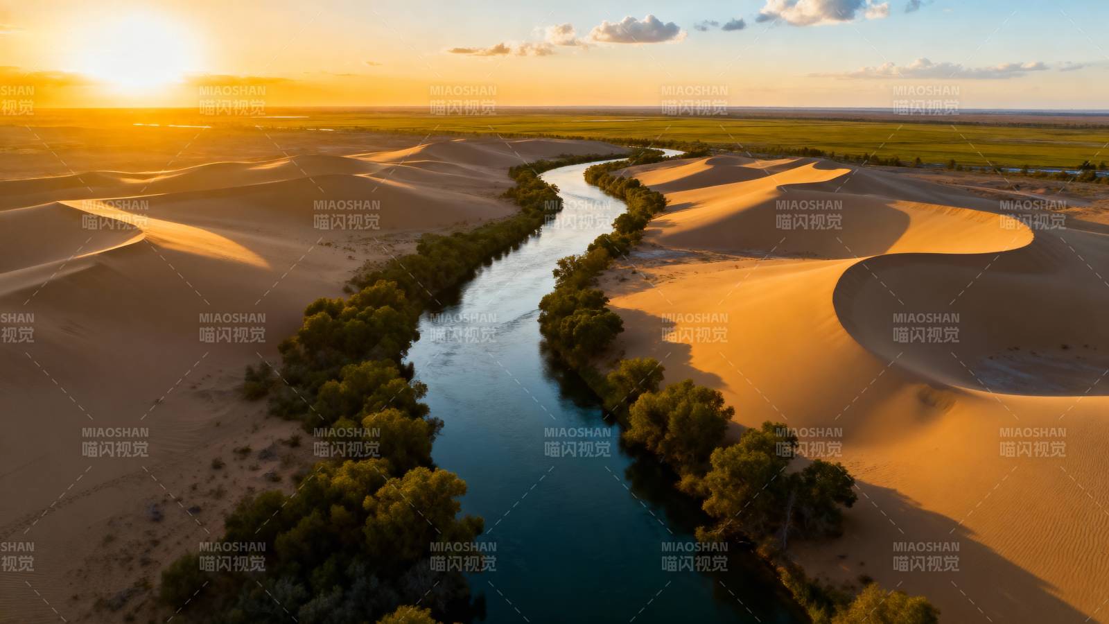 沙漠绿洲日出图片