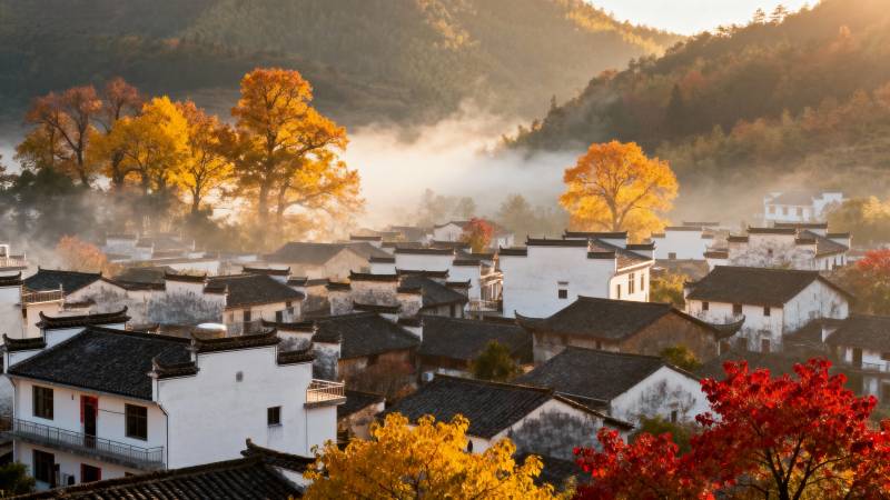 秋雾古村晨曦图片