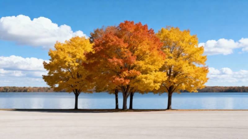 秋色湖畔树影图片