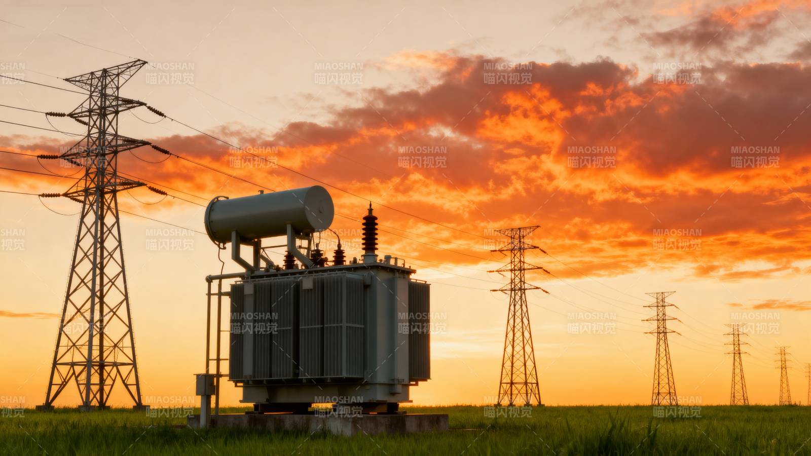 夕阳下的电力塔图片
