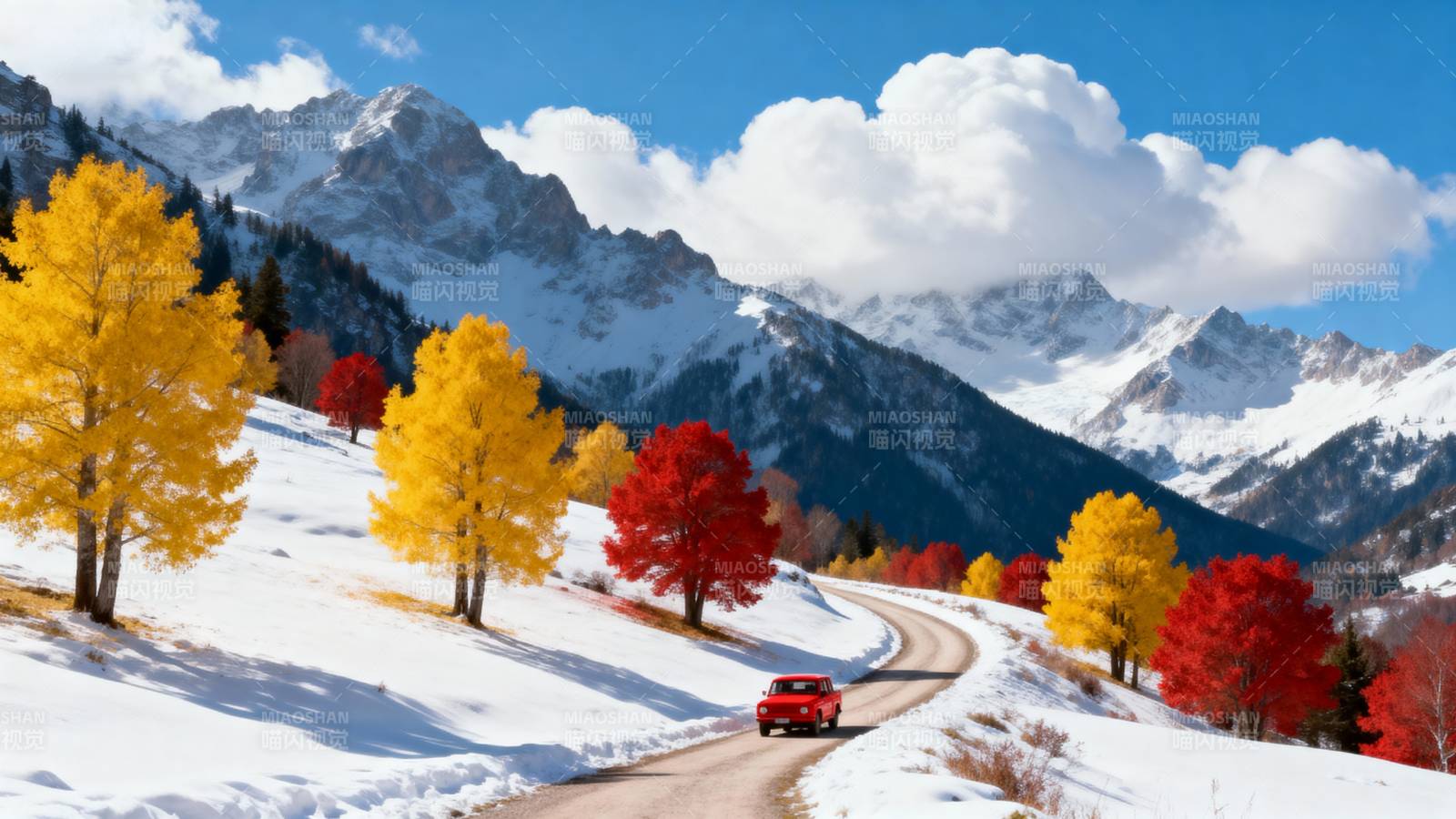 雪岭秋色路行远图片