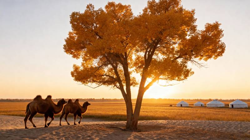 驼影树下夕阳美图片