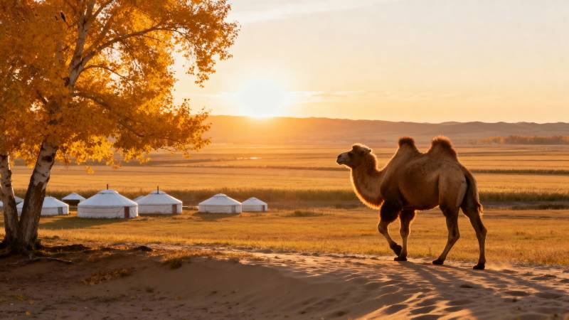 沙漠驼影夕阳下图片