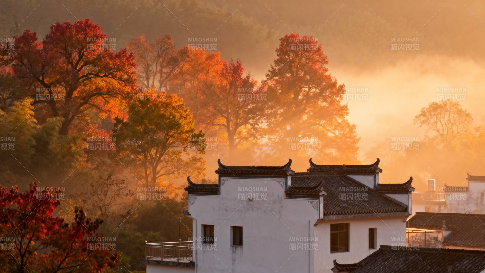秋晨古村烟霞图片