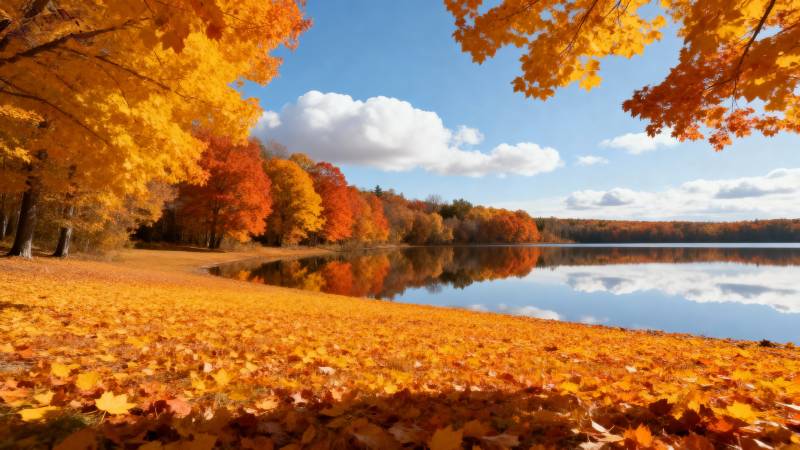 秋湖映彩叶图片