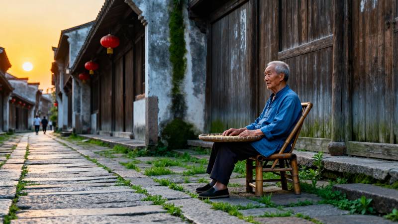 古巷夕阳老人静坐图片