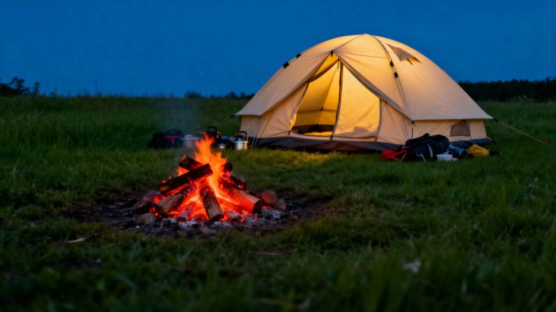 篝火旁的帐篷夜景图片