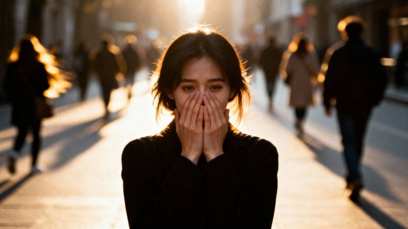 街头女子掩面而立图片