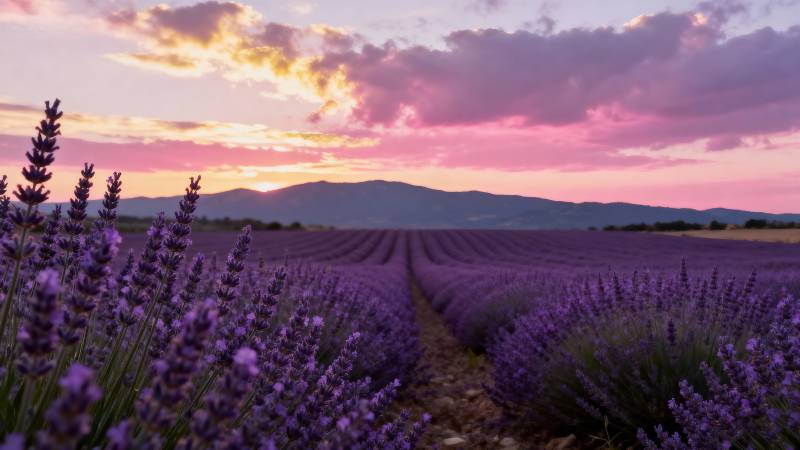 薰衣草田夕阳美景图片