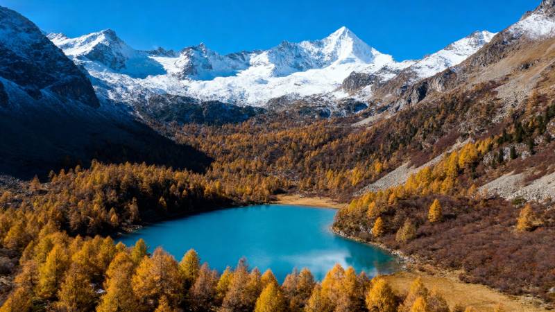 秋山碧湖雪峰图片