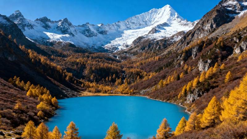 雪山秋湖美景图片