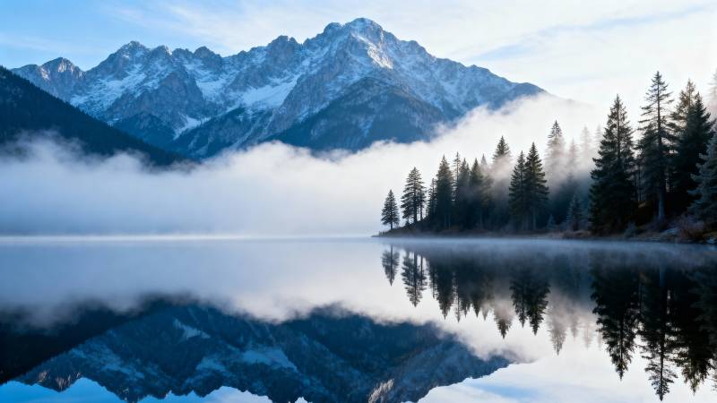 雪山湖镜 云雾缭绕图片