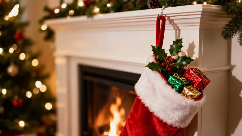 圣诞袜挂壁炉旁图片