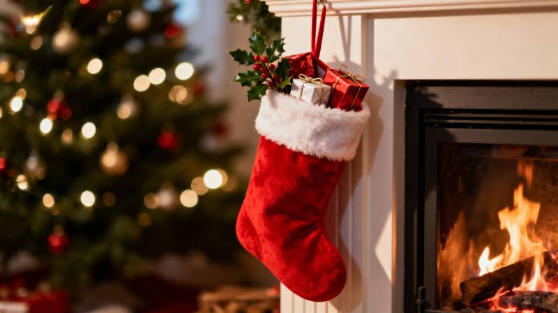 圣诞袜挂壁炉旁图片