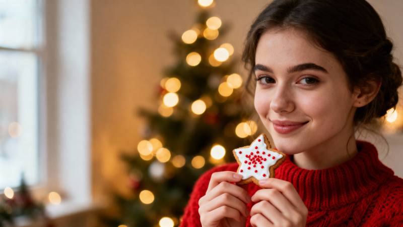 圣诞女孩手持星形饼干图片