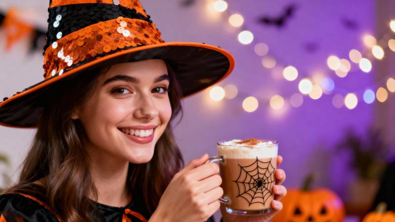 万圣节女巫喝热饮图片