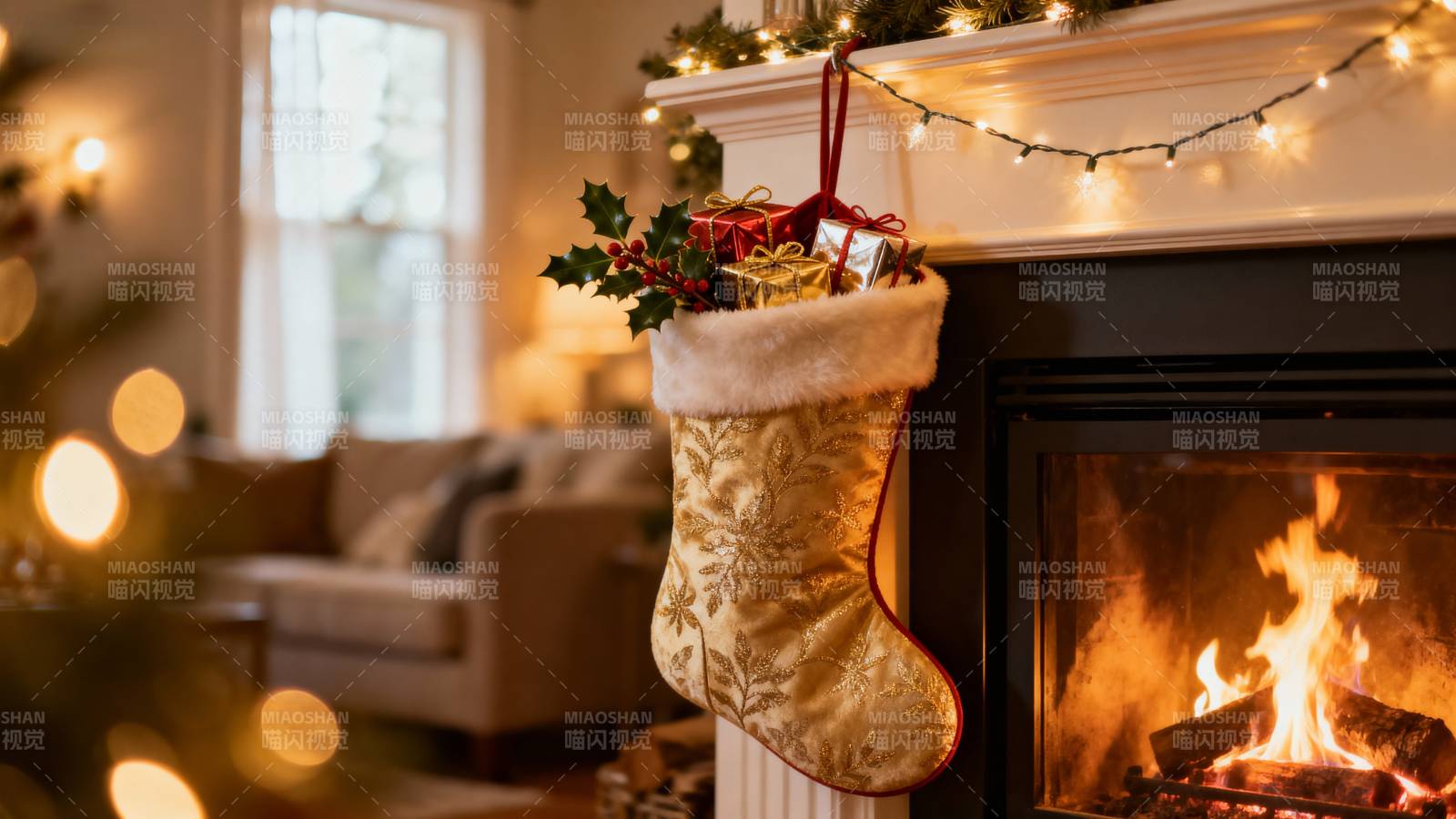 圣诞袜挂壁炉旁图片