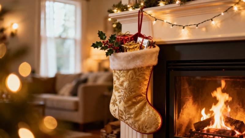 圣诞袜挂壁炉旁图片