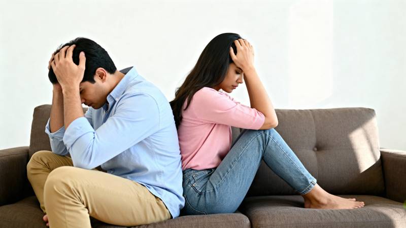 夫妻背对背愁苦图片