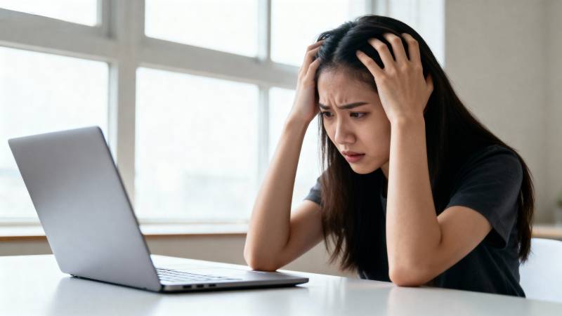 焦虑女子面对电脑图片