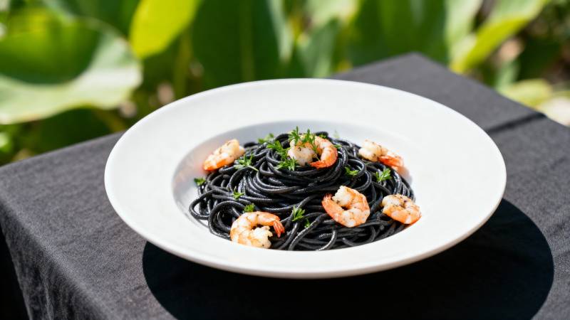 墨鱼汁意面配虾仁图片