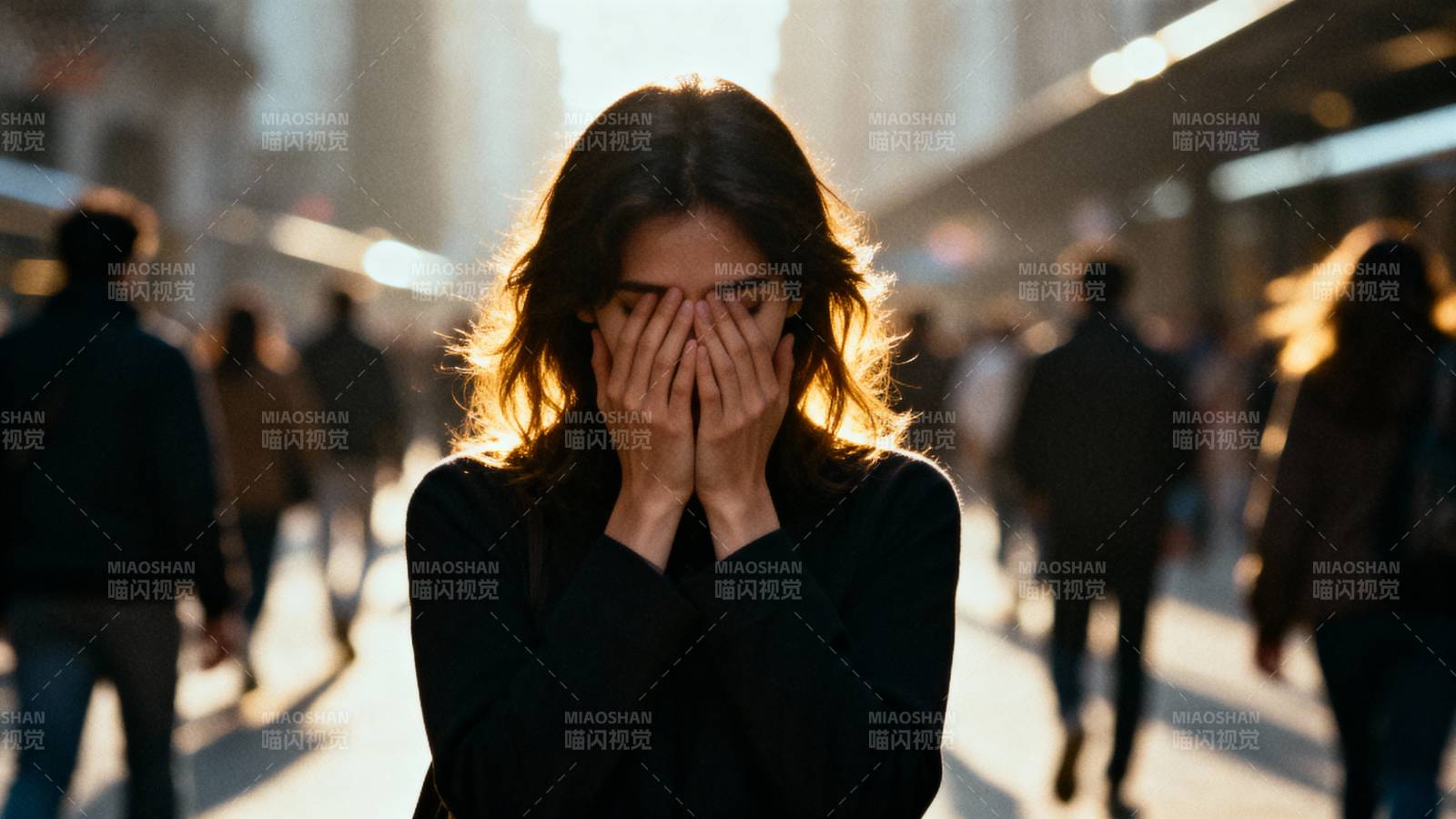 街头女子掩面而立图片