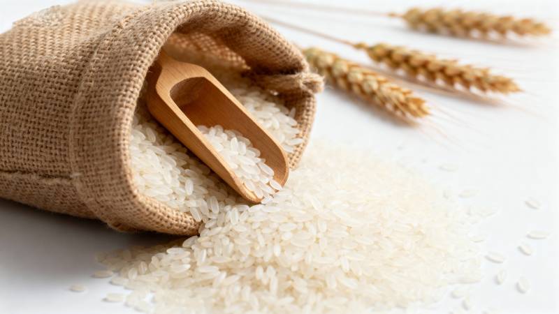 米袋倾泻白米粒图片