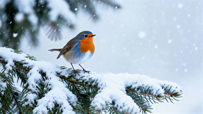 雪中红胸鸟图片