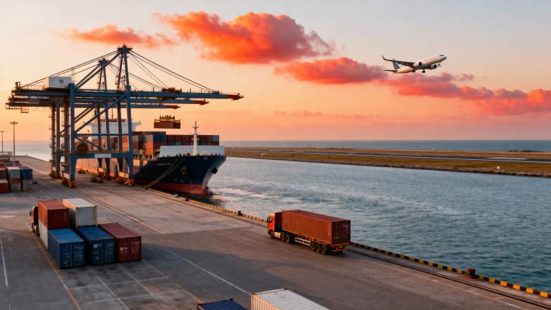 港口日落 货轮与飞机图片