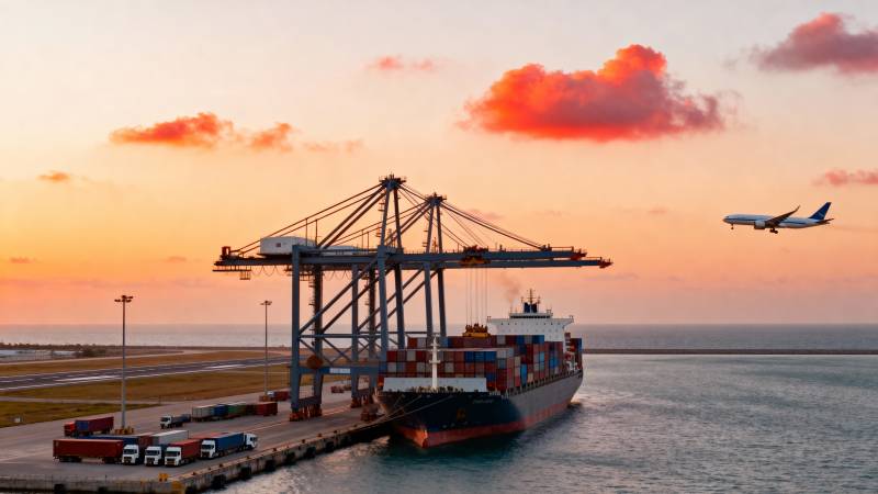 港口黄昏 货轮与飞机图片