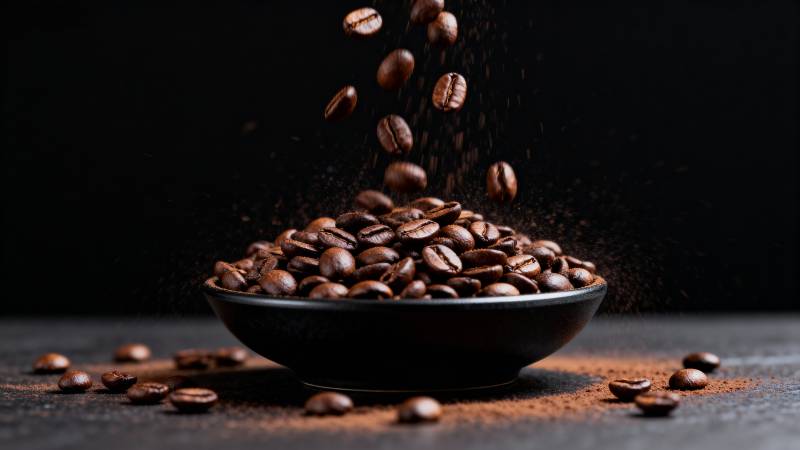 咖啡豆飞溅入碗图片