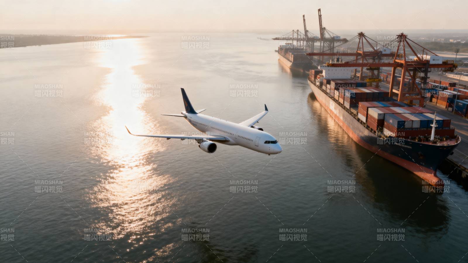 飞机飞越港口图片