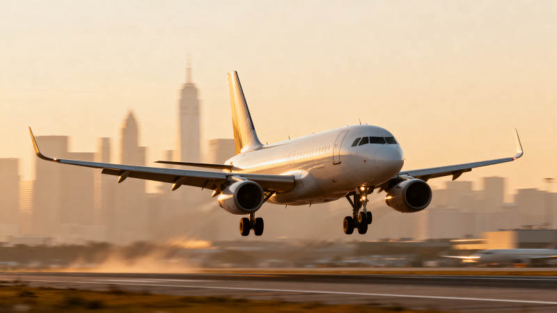 飞机降落城市天际线图片