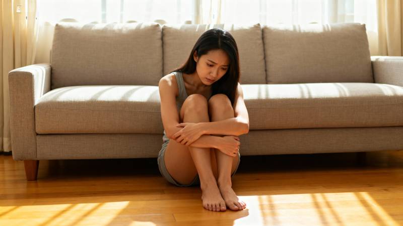 女子蜷坐地板沉思图片