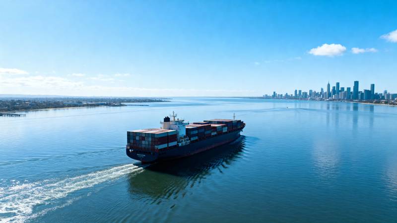 货轮驶向城市天际线图片