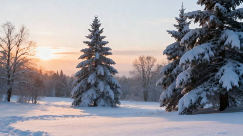 雪景松林晨曦图片